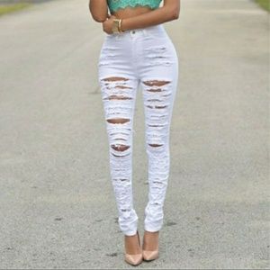 Fashion Women High Waisted Skinny Ripped Pants